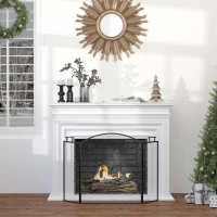 HOMCOM Paravan pentru șemineu sau sobă - Protector împotriva scânteilor 3 panouri pliabile - dim. 110l x 24P x 76,5H cm - Oțel metalic Negru(m-2)