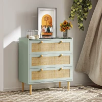 HOMCOM Comodă design boho din ratan cu 3 sertare, mobilier de depozitare pentru living, hol, intrare, verde măsliniu(m-4)