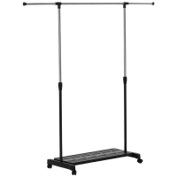 HOMCOM Tendedero Extensible con Ruedas con Barra de Acero Inoxidable y Estante para Zapatos 159x42x168 cm Negro y Plata