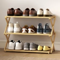 HOMCOM Zapatero Estrecho de Bambú Zapatero Vertical Plegable de 3 Niveles Sin Instalación Natural(m-9)