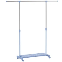 HOMCOM Tendedero Extensible con Ruedas con Barra de Acero Inoxidable y Estante para Zapatos 159x42x168 cm Azul y Plata(m-1)