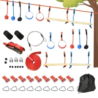 Outsunny Parcurs de obstacole ninja pentru copii, 30 accesorii și sac de transport, slackline 10 m, albastru/negru/roșu(m-6)