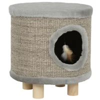 PawHut Casa para Gatos 3 en 1 Taburete Reposapiés Cama para Gatos con Rascador Patas de Madera Pluma 36x36x38 cm Gris(m-1)