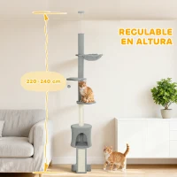 PawHut Árbol para Gatos de Piso a Techo Altura Ajustable 220-240cm con Hamaca Plataformas en Flor Cuevas Rampa Bola Gris Claro(m-4)