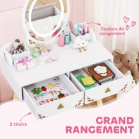 AIYAPLAY Coiffeuse pour enfant 2 en 1 bureau enfant fille avec miroir à LED 3 couleurs et tabouret 60x30x99,3 cm blanc(m-6)