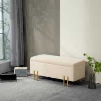 HOMCOM Gestoffeerde bank met Opbergruimte, Kistbank, Schuim, Metaal, Rubberhout, 100 x 40 x 42 cm, Beige(m-10)