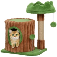 PawHut Árbol Rascador para Gatos 53 cm Diseño de Tronco con Casita Cama Poste de Yute Bolas Marrón y Verde(m-10)