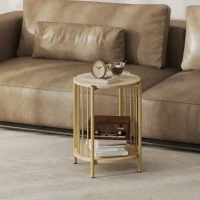 HOMCOM Table d'appoint, bout de canapé à 2 niveaux avec étagère de rangement et cadre en acier, Ø 41 x 49 cm effet bois naturel(m-10)