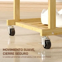HOMCOM Perchero Colgador de Ropa de Bambú con Ruedas Estante para Zapatos 2 Barras para Colgar 80x40x160 cm Natural(m-5)