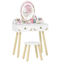 AIYAPLAY Coiffeuse pour enfant 2 en 1 bureau enfant fille avec miroir à LED 3 couleurs et tabouret 60x30x99,3 cm blanc(m-11)