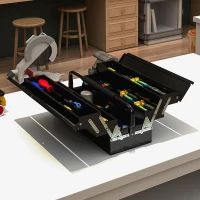 DURHAND Boite à outils métallique - coffret à outils - caisse à outils 3 niveaux 5 plateaux rétractables - tôle acier noir(m-10)