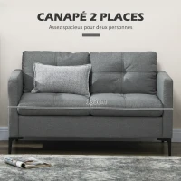 HOMCOM Canapé 2 places contemporain piètement métal noir tissu aspect lin gris foncé(m-4)