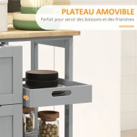 HOMCOM Chariot desserte de cuisine à roulettes plan de travail en bois 3 tiroirs et 1 plateau amovible 67 x 37 x 85,5 cm gris(m-5)