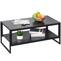 HOMCOM Tavolino da Caffè Nero, Tavolino Effetto Marmo con Ripiano Inferiore, da Soggiorno o Ufficio, Design Moderno, Telaio in Acciaio, 106x50x45cm, Nero(m-11)