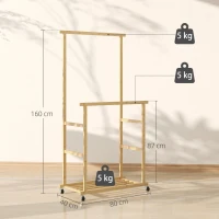 HOMCOM Perchero Colgador de Ropa de Bambú con Ruedas Estante para Zapatos 2 Barras para Colgar 80x40x160 cm Natural(m-3)