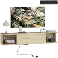 HOMCOM Meuble TV suspendu meuble télé pour téléviseur 50 pouces tiroir étagères passe-câbles 120x24x22,4cm effet bois naturel(m-11)