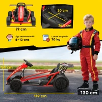 AIYAPLAY Coche eléctrico GoKart kart eléctrico para niños 2 x 24 V motores modo derrape a 13 km/h 119 x 77 x 54 cm rojo(m-3)