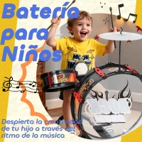 AIYAPLAY Batería para Niños de +3 Años con Taburete Tambores Bombo Platillo y Baquetas 59,5x31,5x59 cm Negro(m-4)