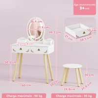 AIYAPLAY Coiffeuse pour enfant 2 en 1 bureau enfant fille avec miroir à LED 3 couleurs et tabouret 60x30x99,3 cm blanc(m-3)