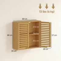 HOMCOM Badezimmerschrank Hängeschrank aus Bambus mit atmungsaktiv Lamellentüren, verstellbar Ablage 60 x 20 x 60 cm Naturholz(m-3)