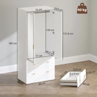 HOMCOM Armoire chambre penderie avec miroir, 2 portes, 2 tiroirs et barre de suspension, 80 x 50 x 180 cm, blanc(m-3)