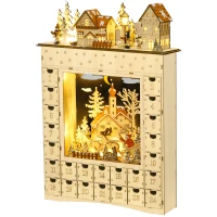 HOMCOM Calendrier de l'Avent LED en forme de village enneigé avec 24 tiroirs décoration lumineuse de Noël beige(m-12)