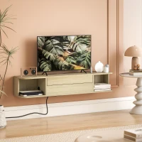 HOMCOM Meuble TV suspendu meuble télé pour téléviseur 50 pouces tiroir étagères passe-câbles 120x24x22,4cm effet bois naturel(m-10)