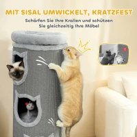 PawHut Katzenkratzfass, 96 cm, 4-Ebenen-Katzenturm mit waschbarem Bett, 3 Schlafhöhlen, Hängespielzeug, für mehrere Katzen Grau(m-5)