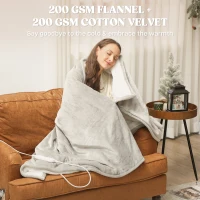 HOMCOM Heated Blanket 180 x 130cm, Electric Throw Blanket with 10 Heat Levels and 10H Timer, Machine Washable Flannel and Cotton Velvet with Overheat Protection, Grey(m-4)