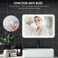HOMCOM Miroir salle de bain Bluetooth avec éclairage LED 50 x 70 cm, miroir lumineux mural avec horloge, antibuée, argenté(m-7)