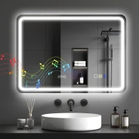 HOMCOM Miroir salle de bain Bluetooth avec éclairage LED 50 x 70 cm, miroir lumineux mural avec horloge, antibuée, argenté(m-11)