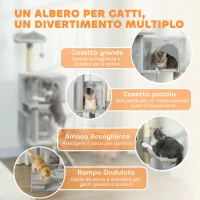 PawHut Albero Tiragraffi per Gatti Alto 140 cm con 2 Casette, Amaca, Lettino e Pali in Sisal, Grigio(m-4)