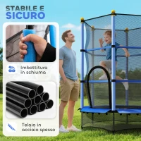 HOMCOM Tappeto Elastico per Bambini con Rete di Sicurezza e Pali Imbottiti Età 3-10 Anni, Ø140 x 190 cm, Blu(m-4)