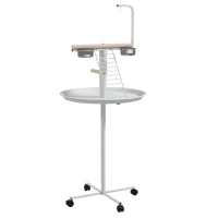 PawHut Comedero para Pájaros de Pie Ø60x138 cm con 4 Ruedas 2 Cuenco de Acero Inoxidable y 2 Perchas Blanco(m-1)