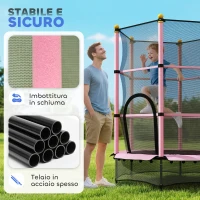 HOMCOM Tappeto Elastico per Bambini con Rete di Sicurezza e Pali Imbottiti Età 3-10 Anni, Ø140 x 190 cm, Rosa(m-4)