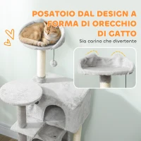 PawHut Albero Tiragraffi per Gatti Alto 140 cm con 2 Casette, Amaca, Lettino e Pali in Sisal, Grigio(m-5)