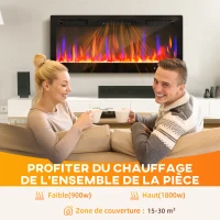 HOMCOM Cheminée électrique mural ou encastrable 900W/1800W, effet flamme à 12 couleurs 5 luminosités, 106,7x9,4x47cm, noir(m-7)