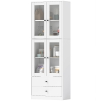 HOMCOM Buffet haut cuisine, armoire de cuisine avec portes vitrées, tiroirs et étagères réglables, 59x30x170cm, blanc brillant