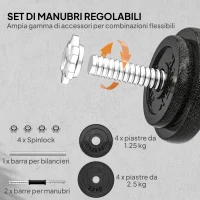 SPORTNOW Set Pesi e Bilanciere da 20kg con Impugnature Antiscivolo, 8 Dischi Pesi, Barra Bilanciere e 2 Barre Manubri in Acciaio(m-4)