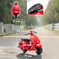 AIYAPLAY Mota Elétrica para Crianças 6V com Licença Vespa Rodas Auxiliares Velocidade de 2,5km/h Farol e Buzina 71x37x52 cm Vermelho(m-3)