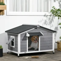 PawHut Niche chien style cottage - 2 fenêtres, porte, toit ouvrant bitumé - dim. 109 x 79 x 72 cm - bois sapin gris(m-10)