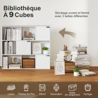HOMCOM Bibliothèque étagère de rangement 9 cubes avec 3 portes et 6 compartiments ouverts, 106 x 24 x 95 cm, blanc(m-4)