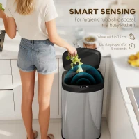 HOMCOM 55L Sensor Bin with Soft-Close Lid, Automatic Touchless Motion Sensor Kitchen Bin with Fingerprint Resistant Stainless Steel for Hygienic Gyms, Home Office Use, Silver Tone(m-4)