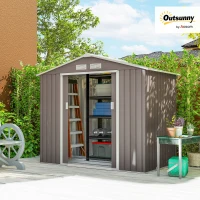 Outsunny 7ft x 4ft Lockable Garden Storage Shed, Metal Tool Storage Sheds with Sloped Roof and Foundation, Grey(m-2)