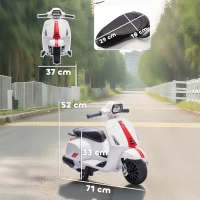 AIYAPLAY Mota Elétrica para Crianças 6V com Licença Vespa Rodas Auxiliares Velocidade de 2,5km/h Farol e Buzina 71x37x52 cm Branco(m-3)