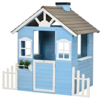 Outsunny Cabane de jeu pour enfant maison de jardin en bois porte et fenêtres de 3 à 7 ans dim. 151L x 112.5l x 142H cm bleu(m-12)