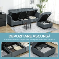 HOMCOM Canapea Modulară cu Taburet și Spații de Depozitare, Canapea Colțar 3 în Formă de L, 213x156x88 cm, Gri Închis(m-5)