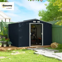 Outsunny 9 x 6FT Metal Shed Roofed Garden Shed Outdoor Storage Shed with Foundation Ventilation & Doors, Dark Grey(m-11)