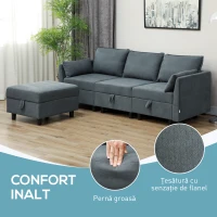 HOMCOM Canapea Modulară cu Taburet și Spații de Depozitare, Canapea Colțar 3 în Formă de L, 213x156x88 cm, Gri Închis(m-6)