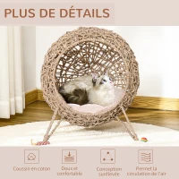 PawHut Panier chat lit surélevé chat cosy niche grotte grand confort dim. Ø 52 x 58H cm coussin moelleux inclus résine tressée imitation rotin beige(m-6)
